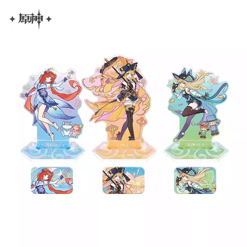 Genshin Impact Summertide Scales and Tales Themed Badge and Acrylic Character Stand Preorder